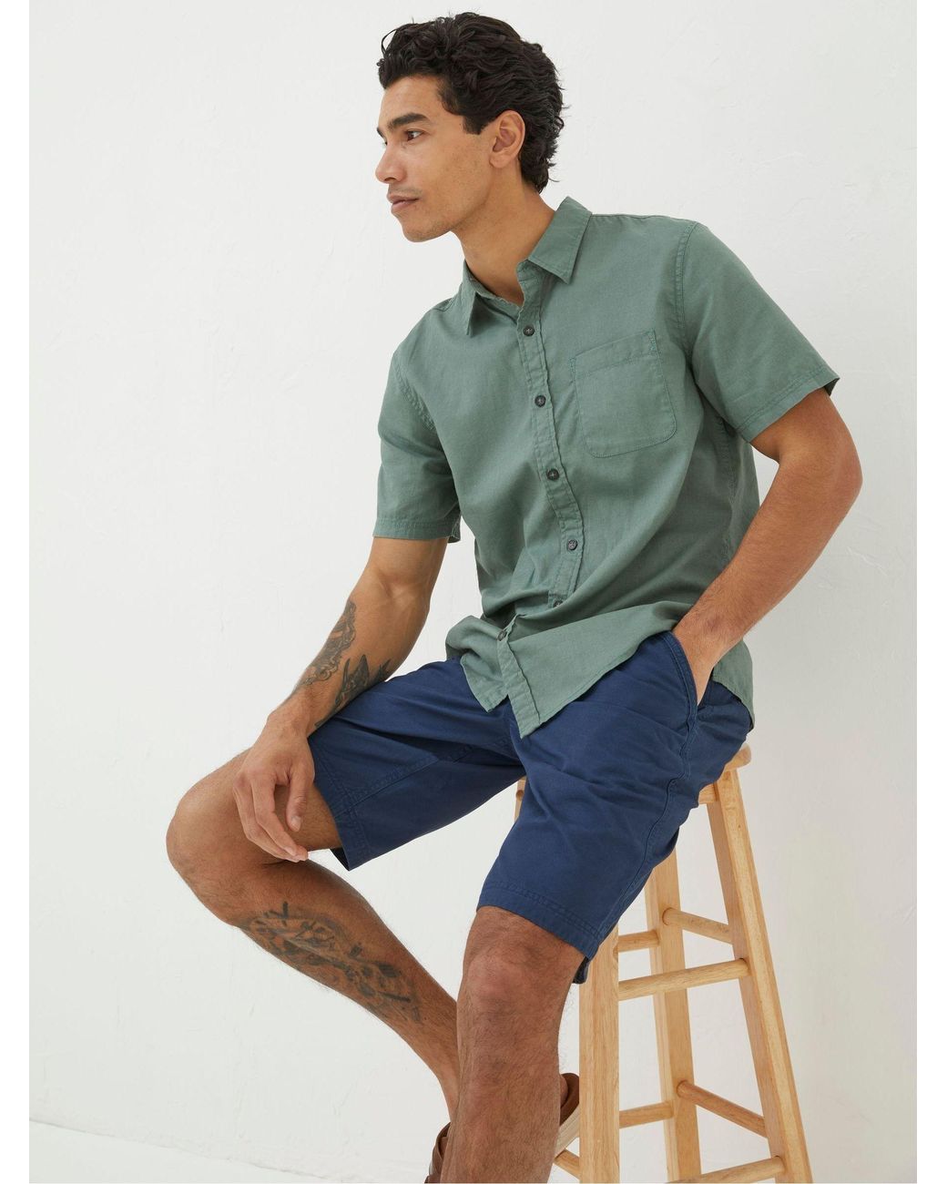 FatFace Green Bugle Linen Cotton Shirt for men
