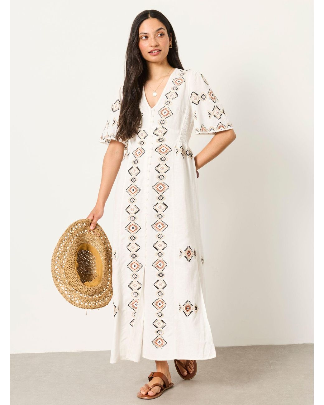FatFace Natural Solene Petite Embroidered Midi Dress