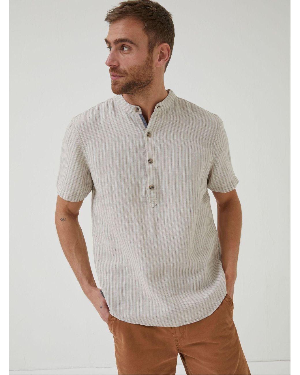 FatFace Gray Stripe Pop Over Linen Shirt for men