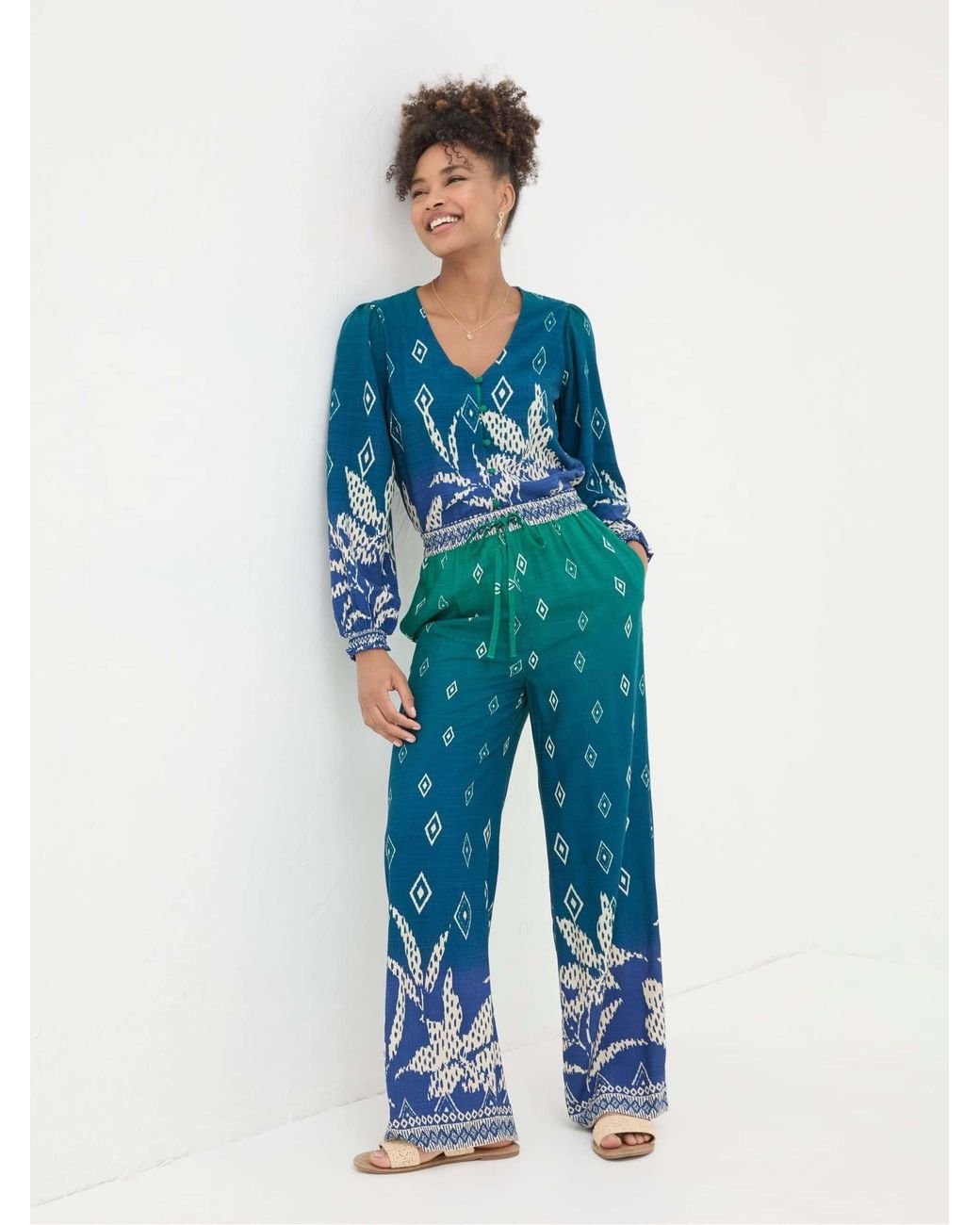 FatFace Blue Harper Ombre Leaves Wide Leg Trousers