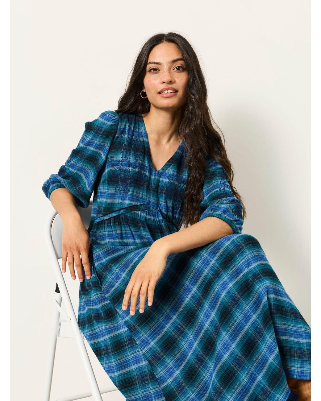 FatFace Blue Connie Petite Check Midi Dress