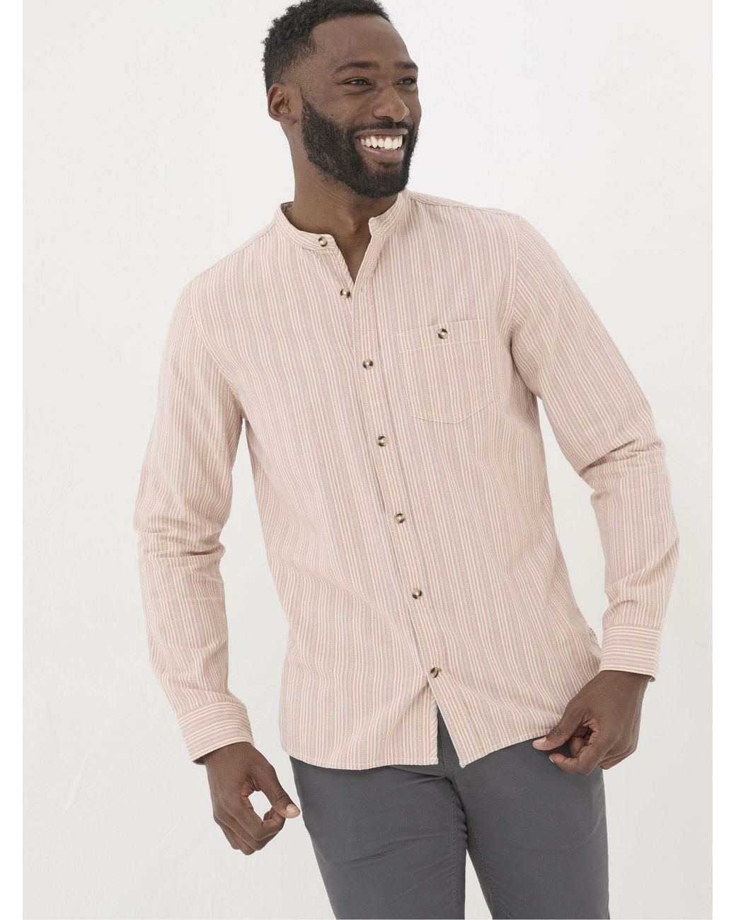 FatFace Natural Long Sleeve Stripe Grandad Shirt for men
