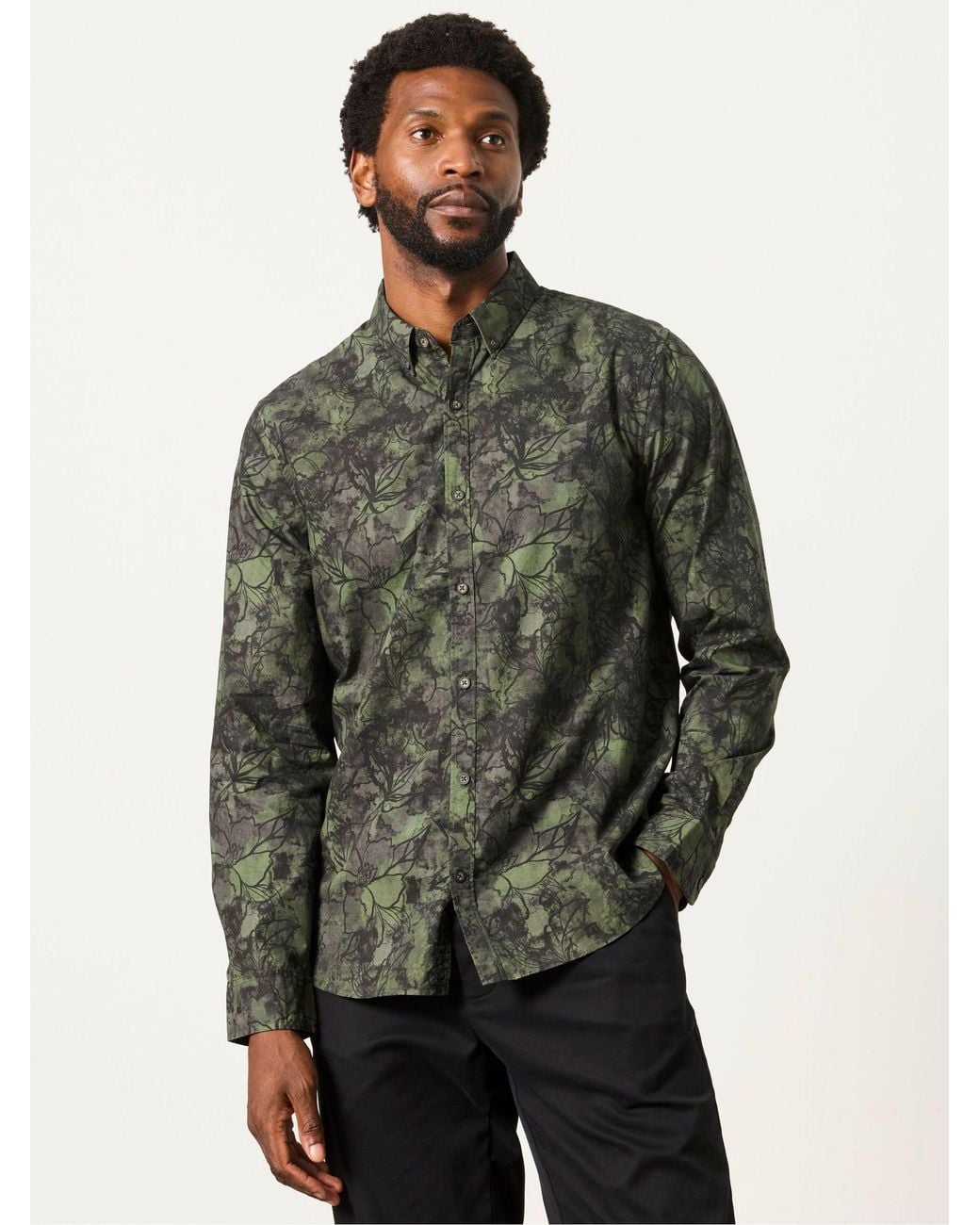 FatFace Green Long Sleeve Painted Floral Print Shirt for men