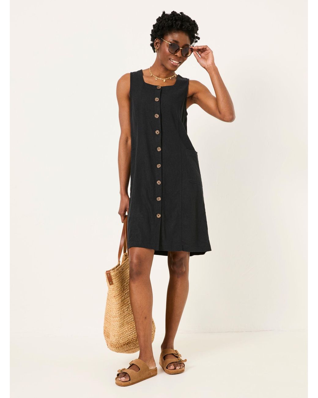 FatFace Black Binny Button Linen Dress