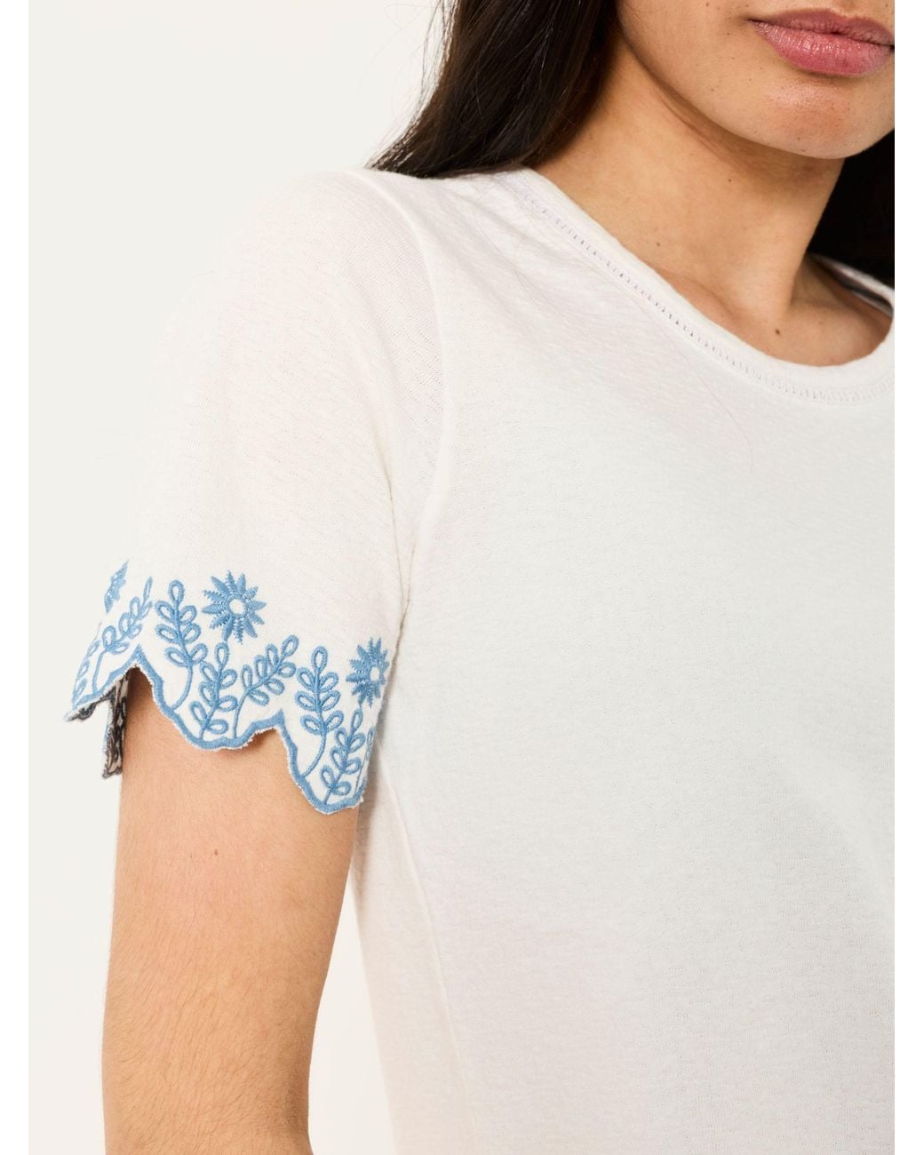 FatFace White Natalie Embroidered Sleeve T Shirt