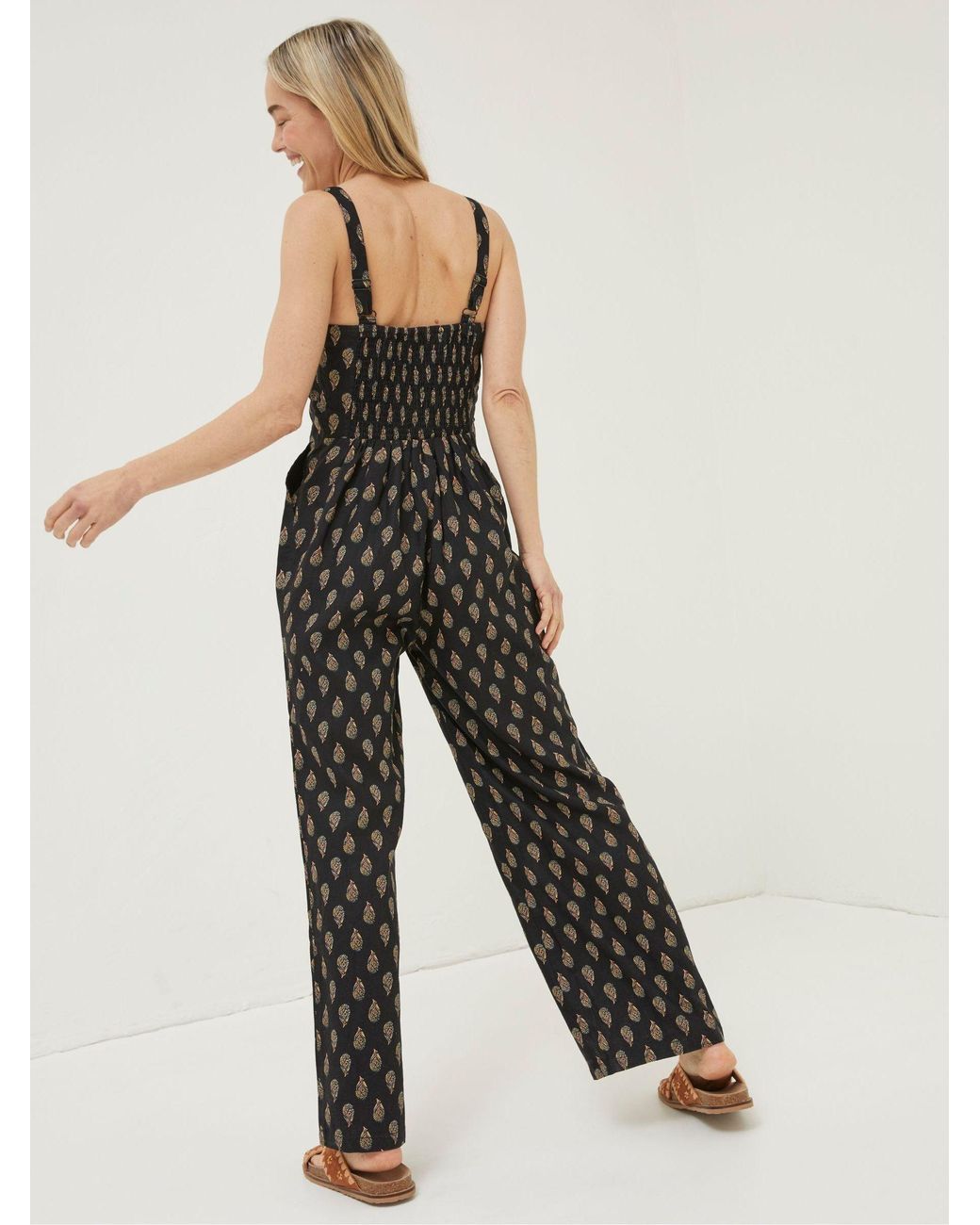 FatFace Black Linen Vic Woodblock Jumpsuit