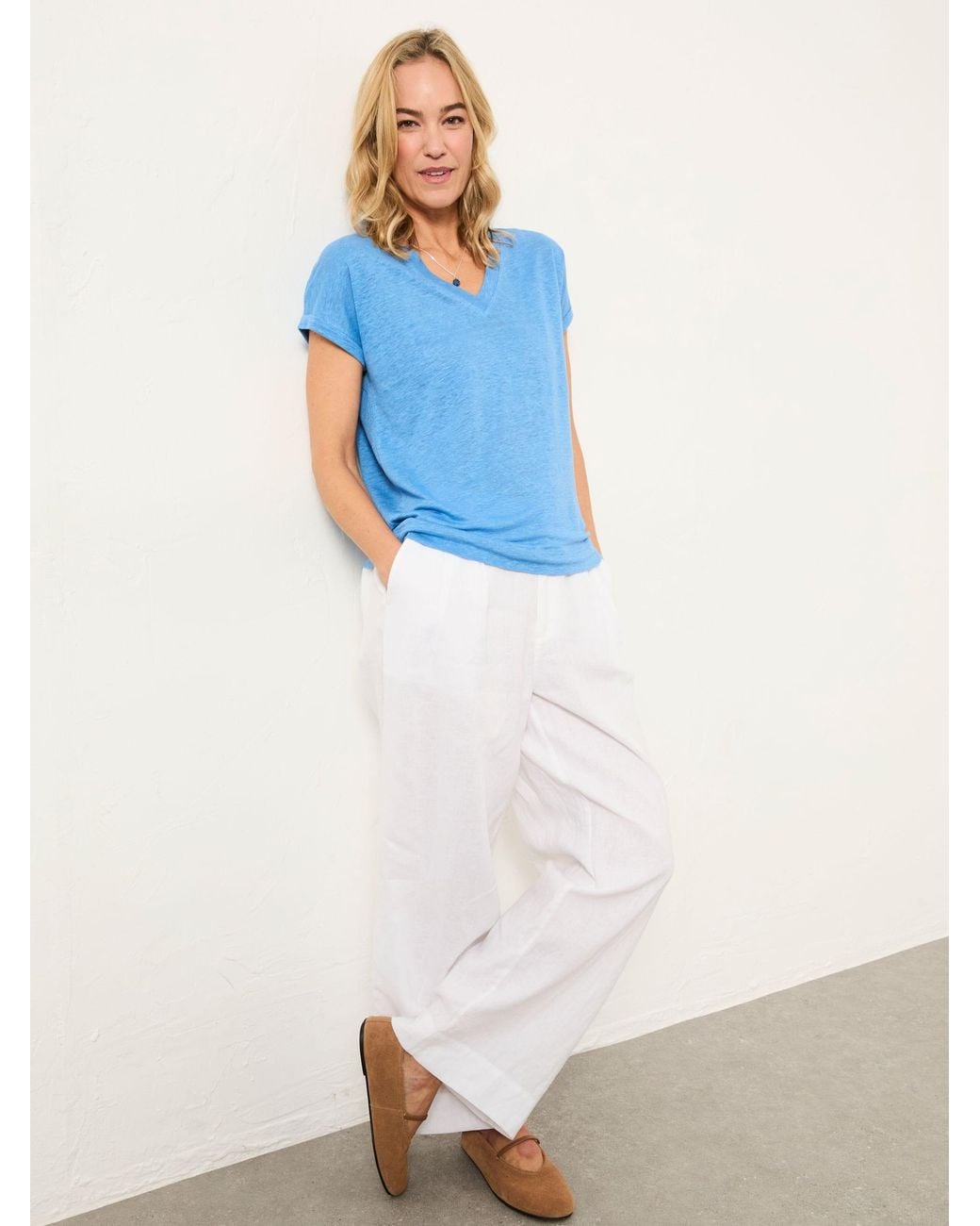 FatFace Blue Lauren 100% Linen V Neck T Shirt