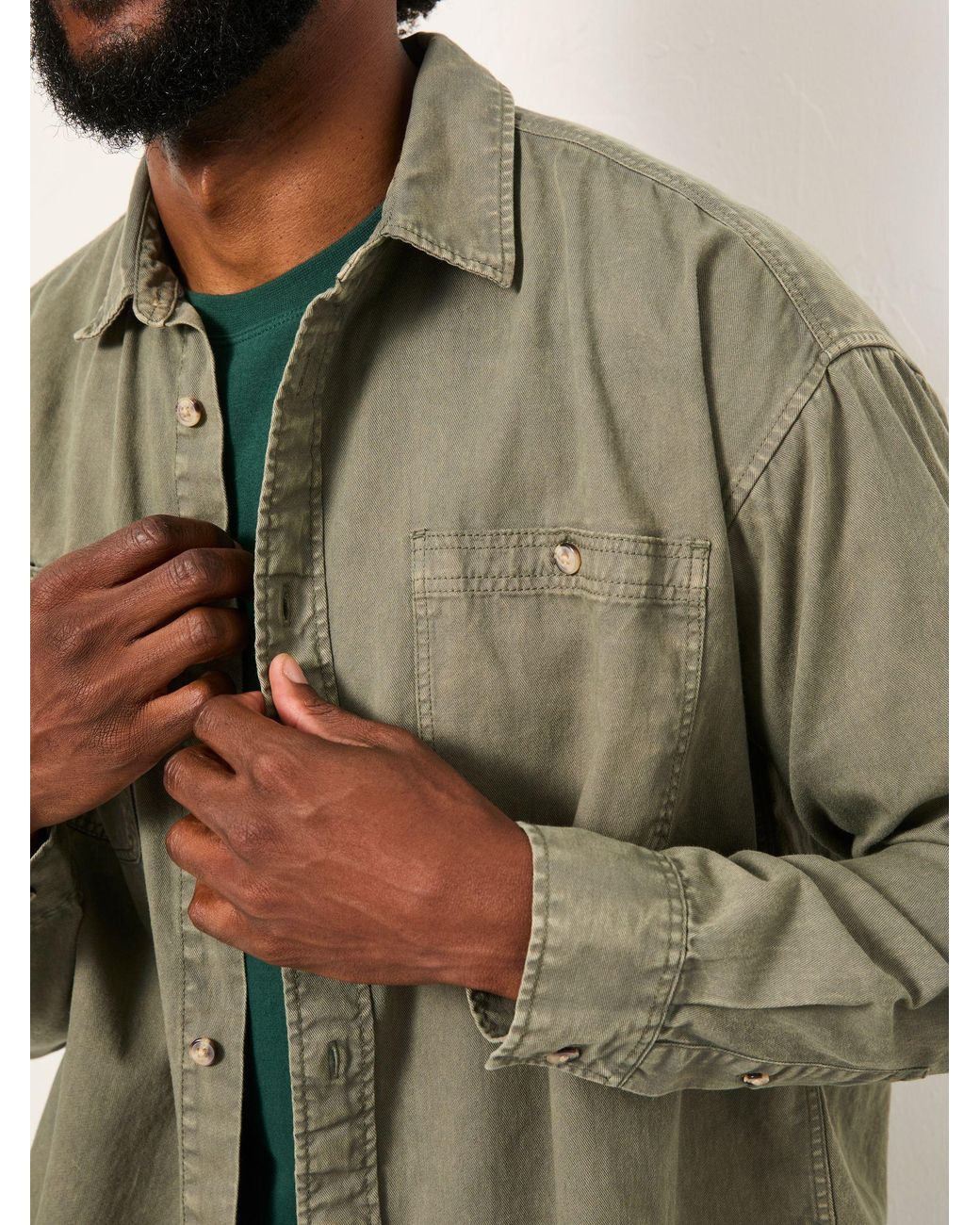 FatFace Green Long Sleeve Relaxed Fit Garment Dye Utility Shirt for men