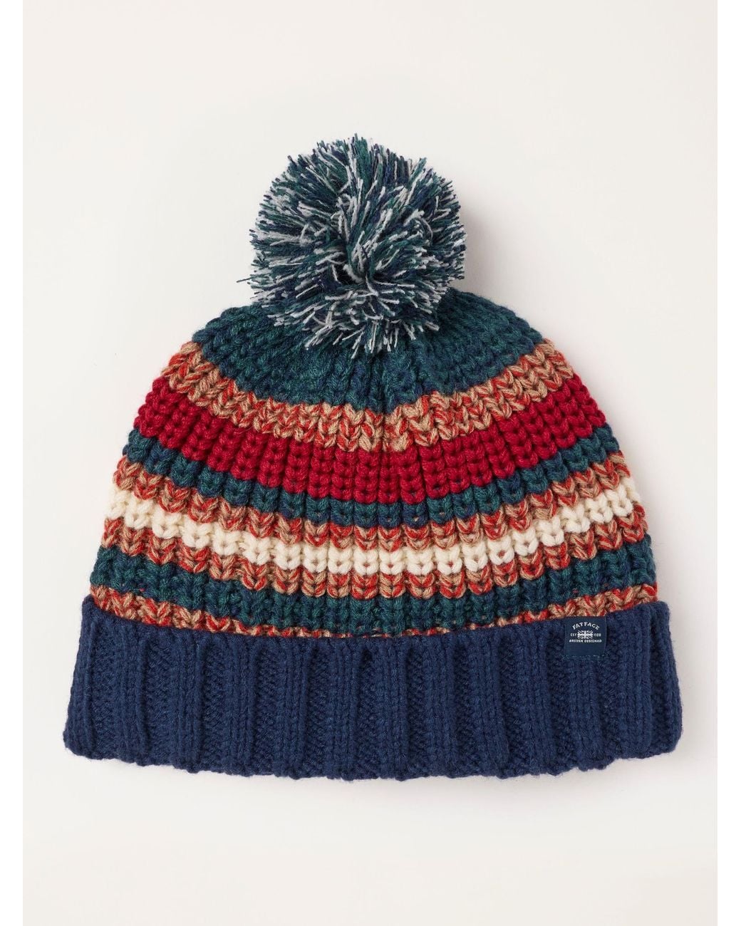FatFace Blue Fatface Multi Stripe Stitch Bobble Hat for men