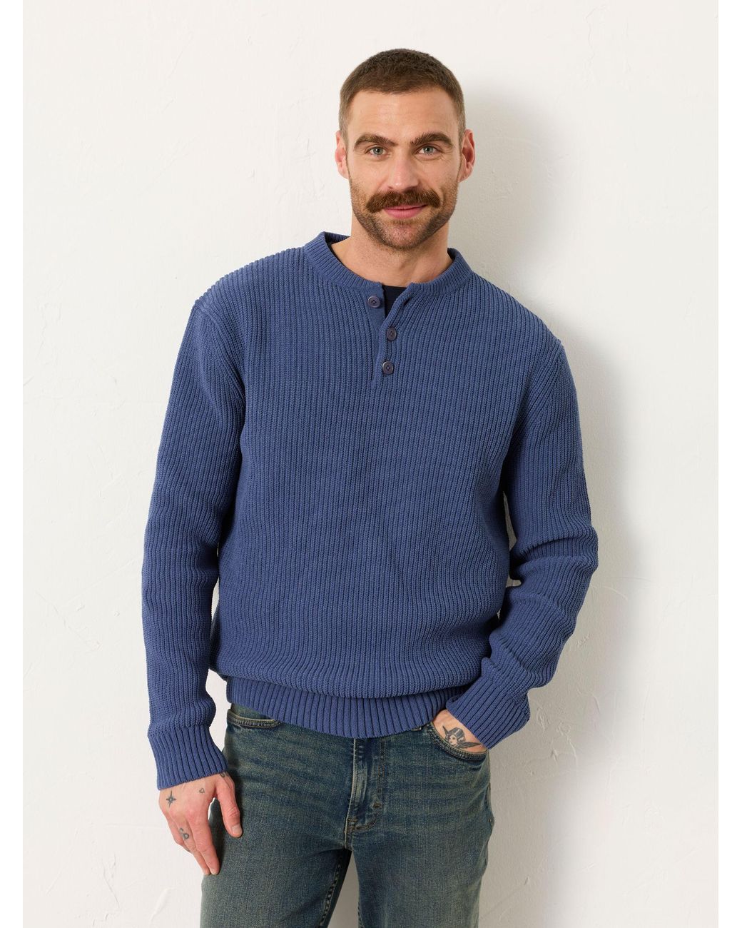 FatFace Blue Kelbrook Knitted Henley Jumper for men