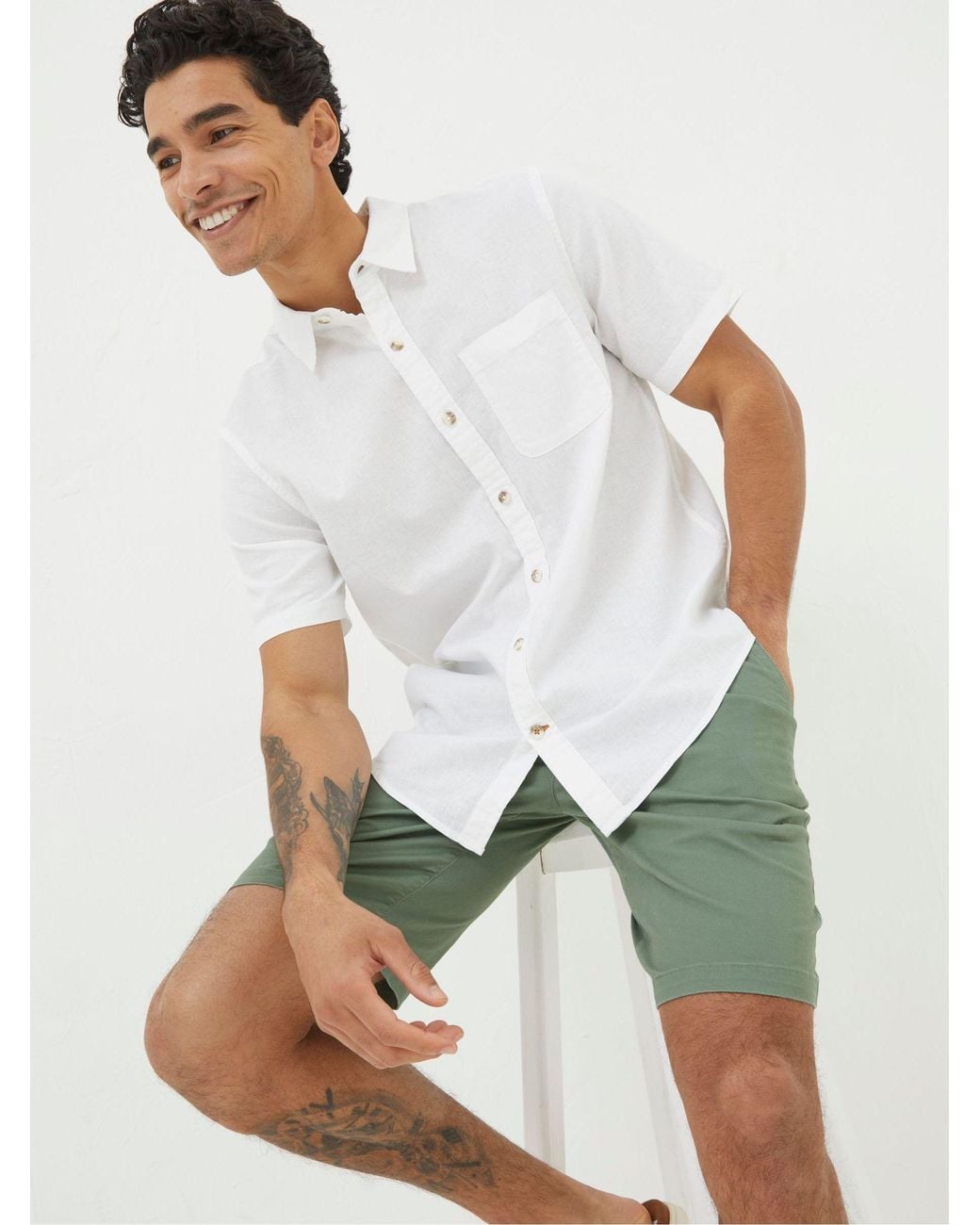 FatFace White Bugle Linen Cotton Shirt for men