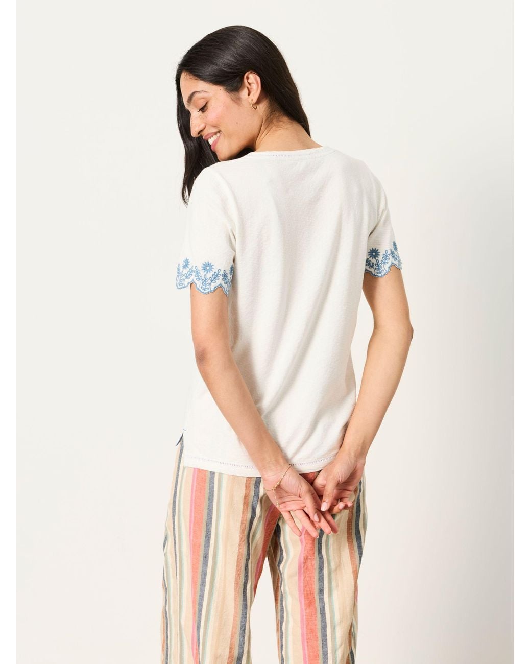 FatFace White Natalie Embroidered Sleeve T Shirt