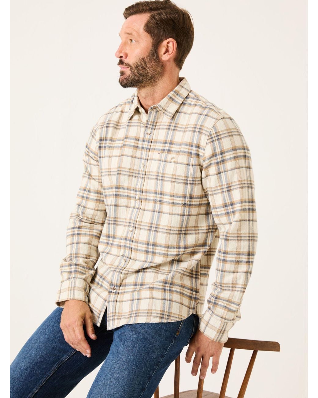 FatFace Natural Long Sleeve Trent Check Shirt for men