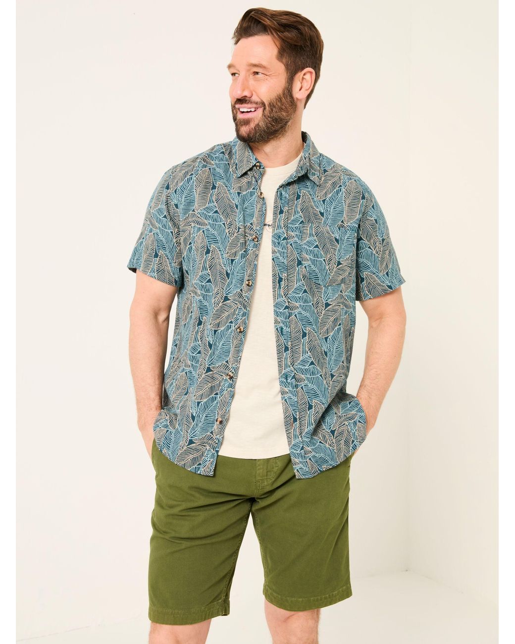 FatFace Green Short Sleeve Leaf Print Shirt for men