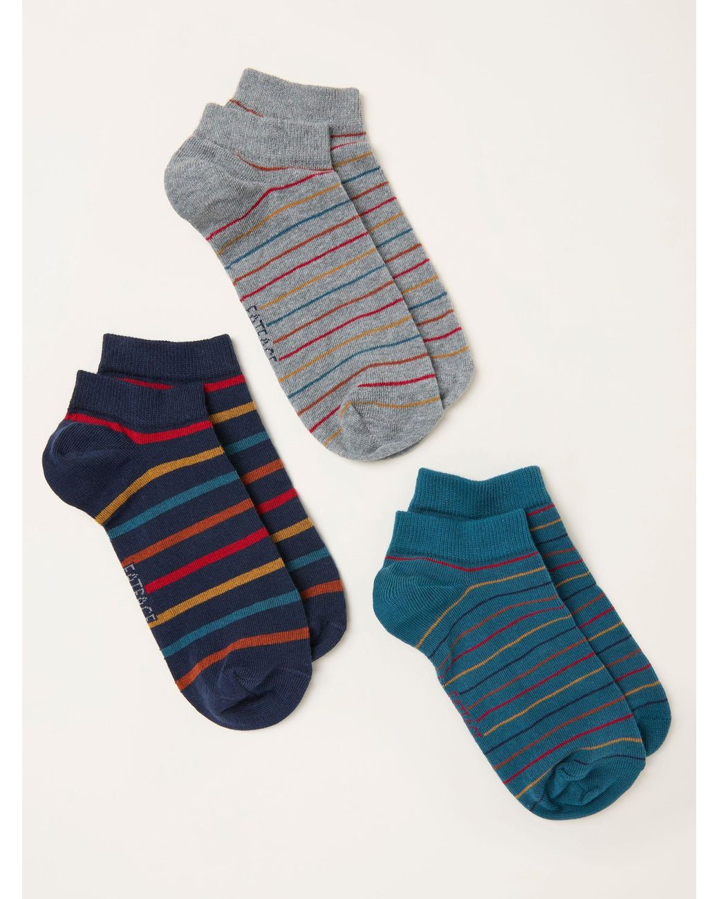 FatFace Blue Fatface 3 Pairs Of Pop Stripe Trainer Socks for men