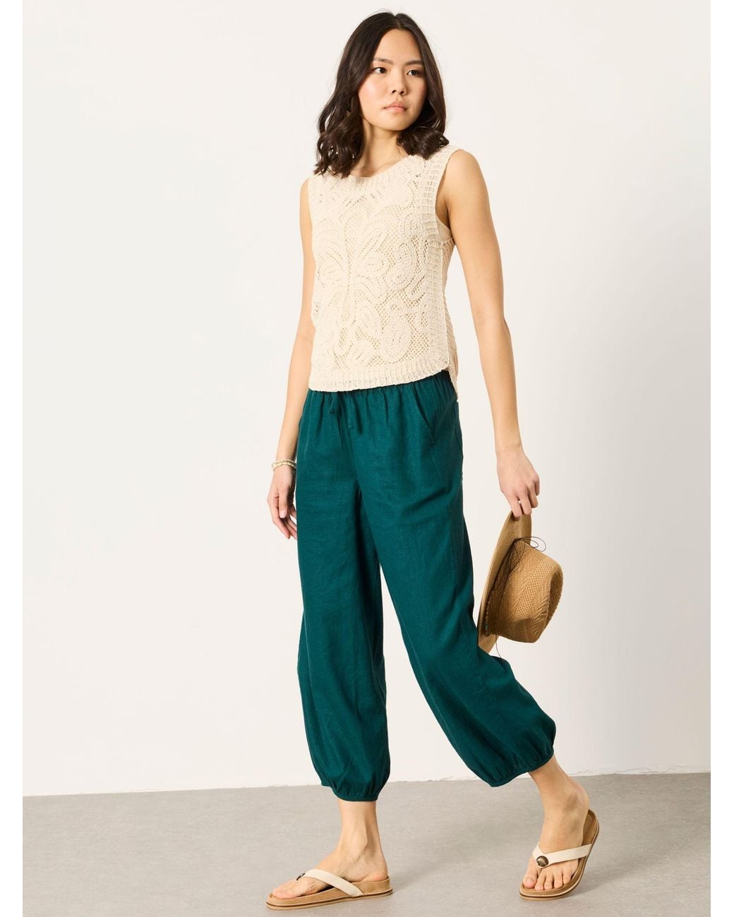 FatFace Green Amelia Linen Wide Leg Cuffed Trousers