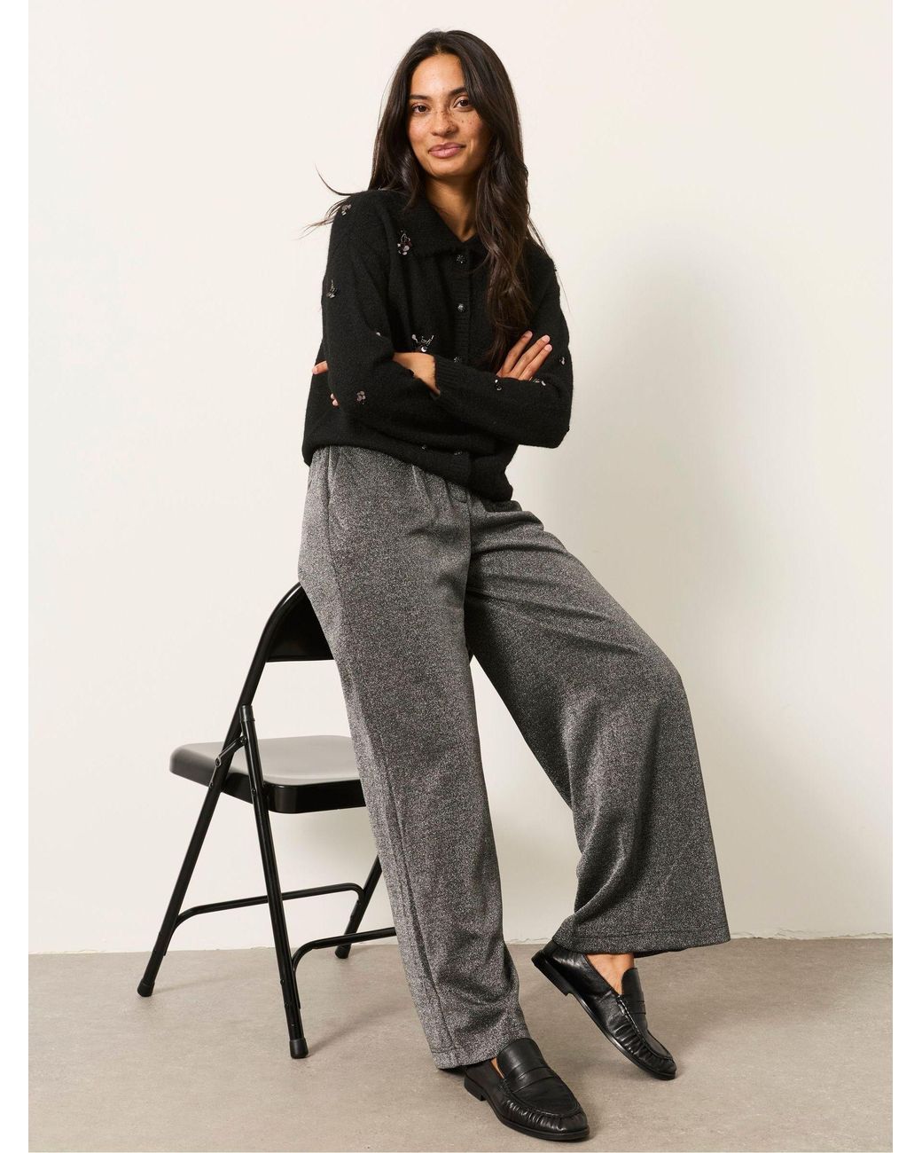 FatFace Black Sophia Sparkle Wide Leg Trousers