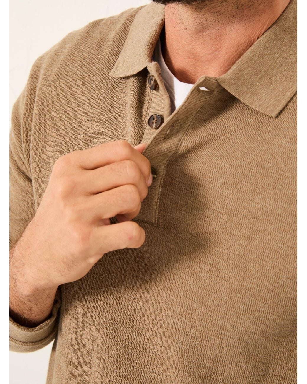 FatFace Natural Shawford Long Sleeve Polo for men