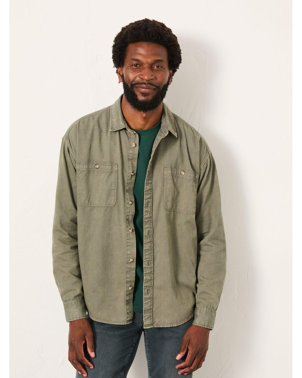 FatFace Green Long Sleeve Relaxed Fit Garment Dye Utility Shirt for men