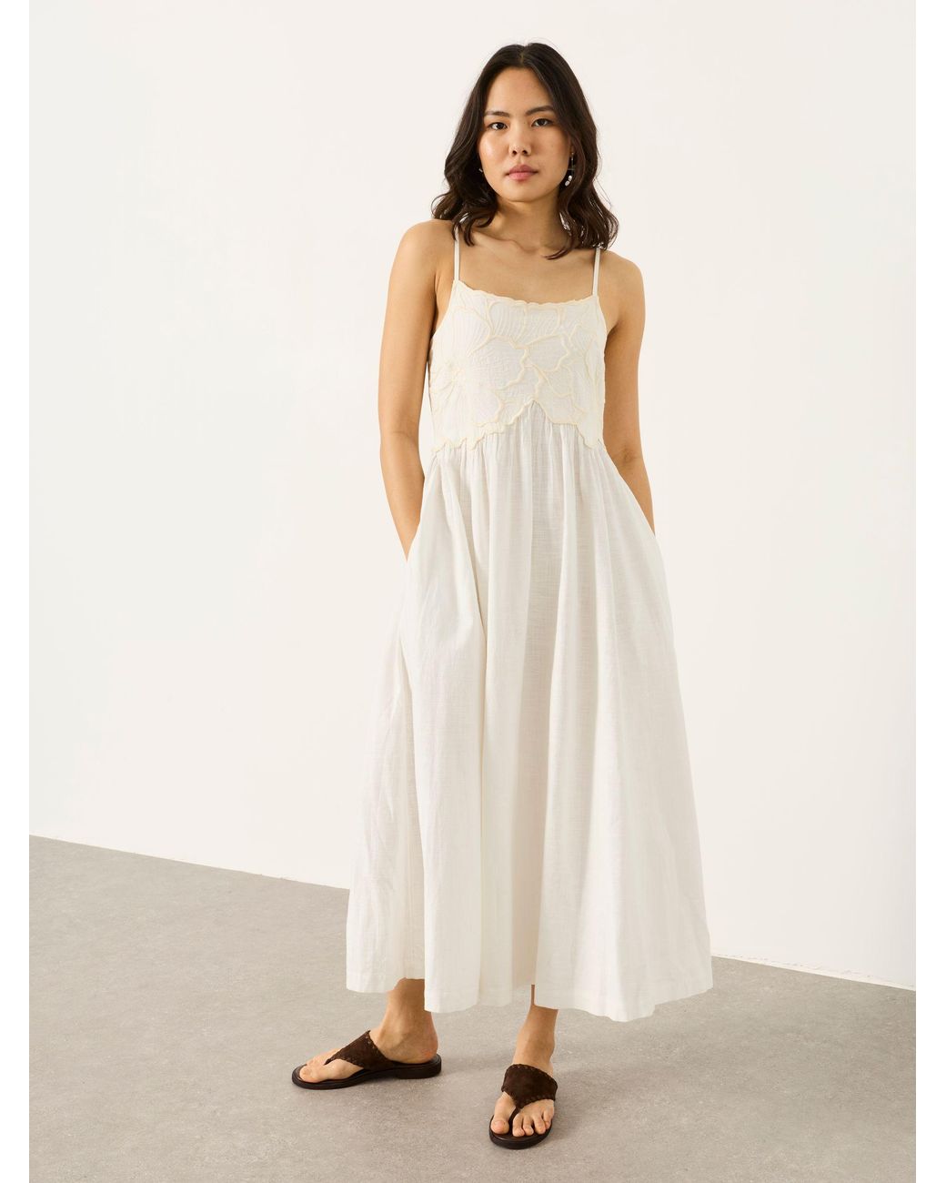 FatFace White Hazel Petite Embroidered Midi Dress