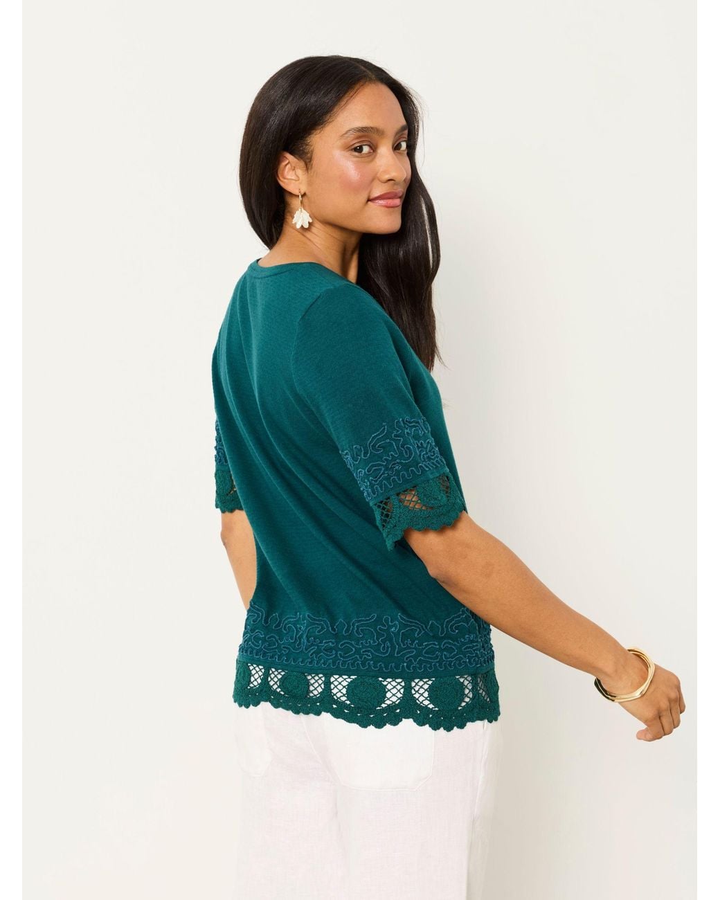 FatFace Green Chloe Crochet Detail T-Shirt