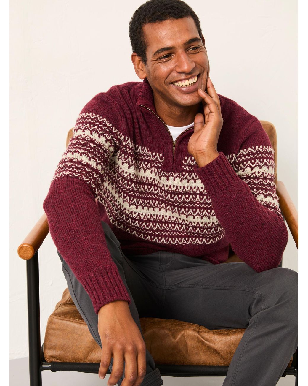 FatFace Brown Fairisle Knitted Half Neck Jumper for men