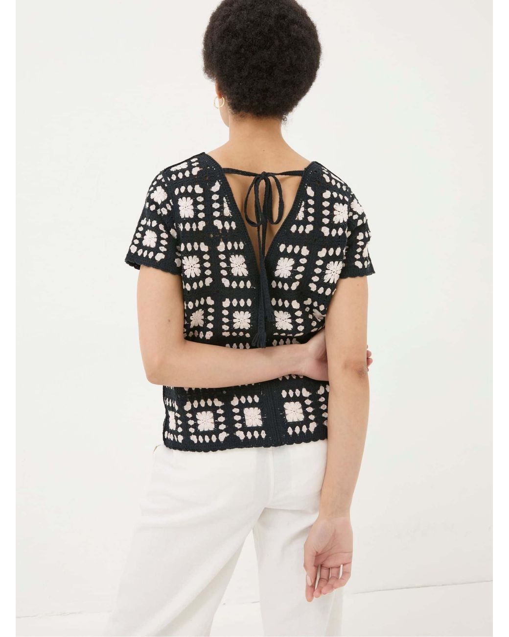 FatFace White Mono Crochet Patchwork T-Shirt