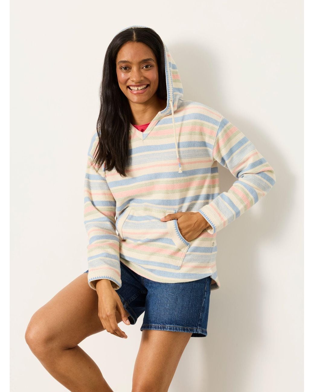 FatFace White Poppy Stripe Homespun Overhead Hoodie
