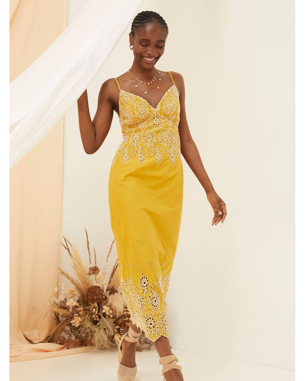 FatFace Yellow Daisy Broderie Midi Dress