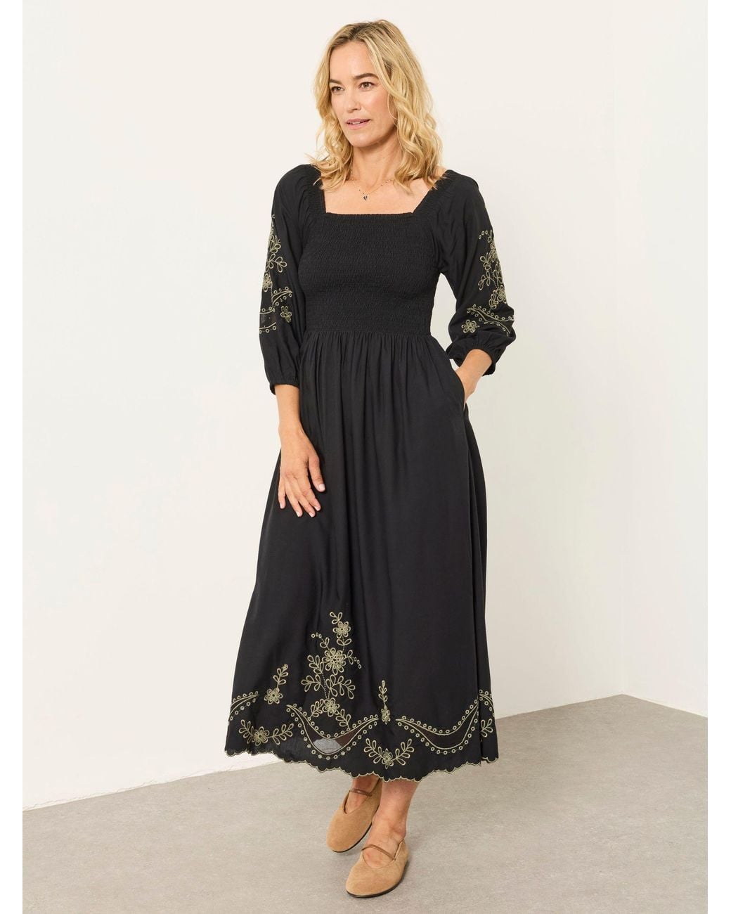 FatFace Black Fatface Embroidered Midi Dress