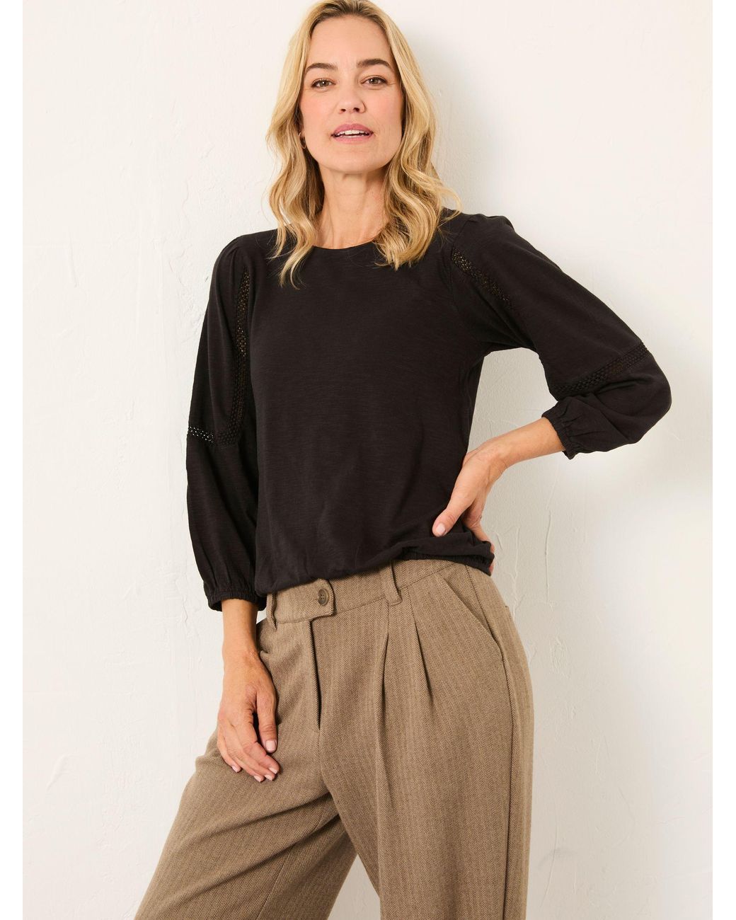 FatFace Black Cassie Broderie Round Neck Top