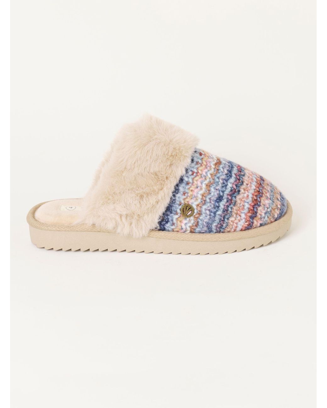FatFace Blue Kaia Faux Fur Knitted Mule