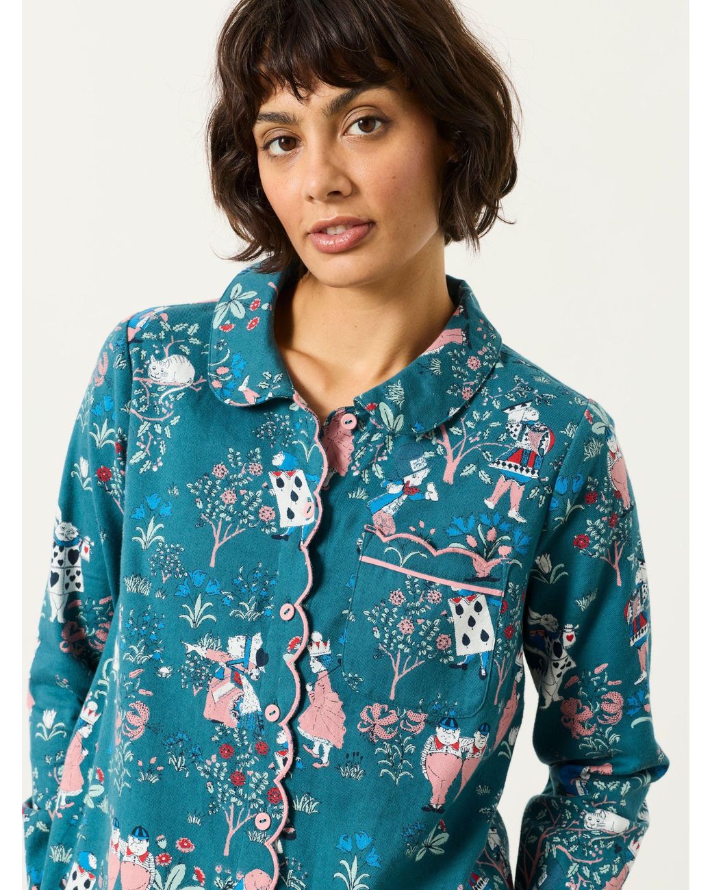 FatFace Blue V & A Scalloped Magic Garden Trouser And Shirt Pyjama Set