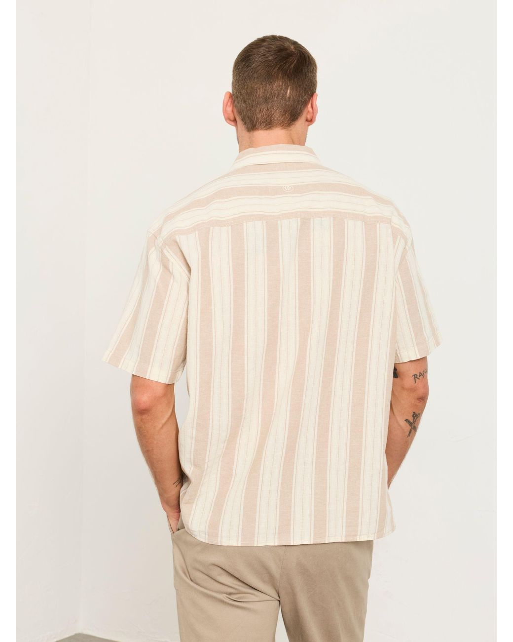 FatFace Natural Short Sleeve Relaxed Fit Linen Cotton Stripe Shirt for men