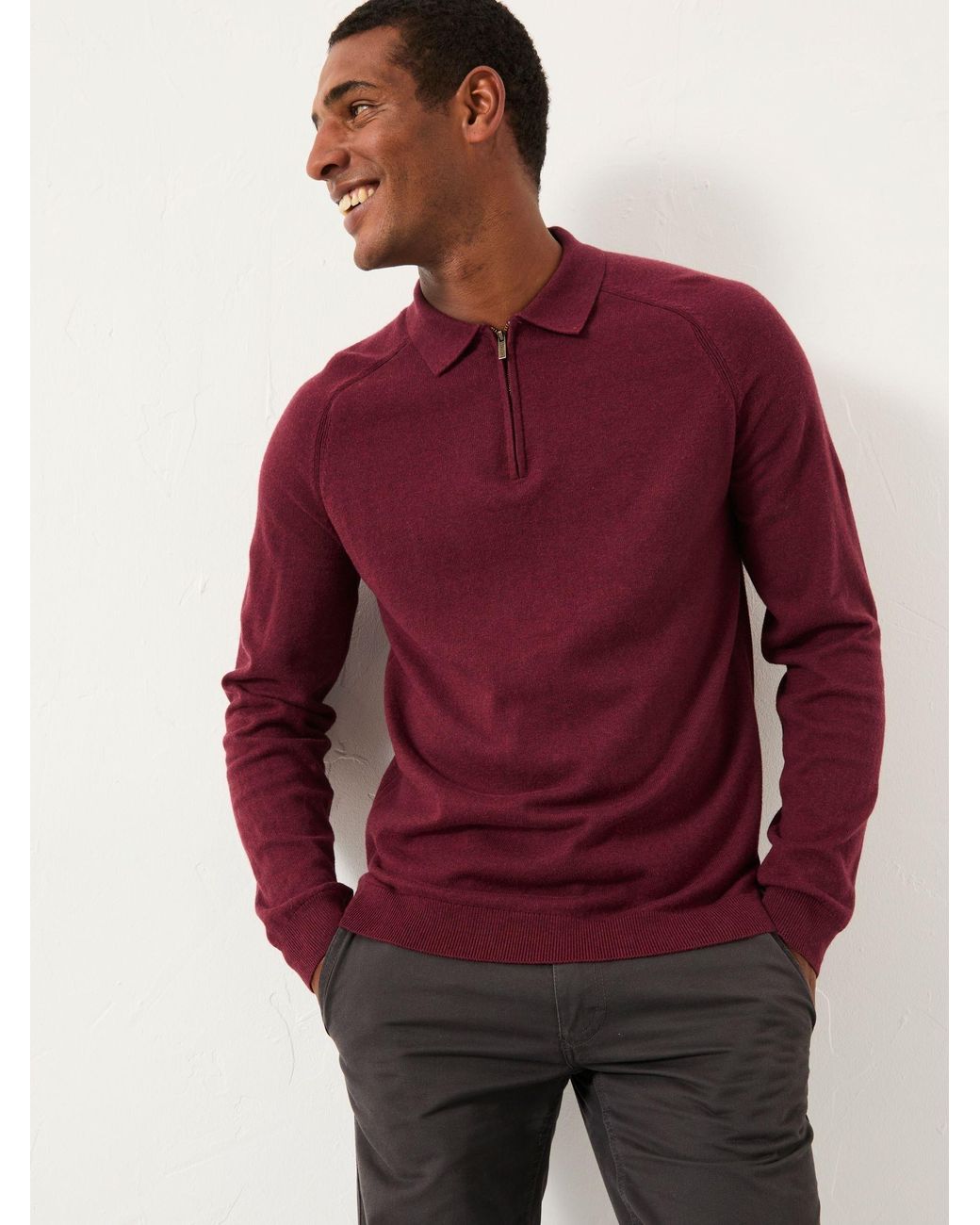 FatFace Red Rye Zip Collar Knitted Polo Jumper for men