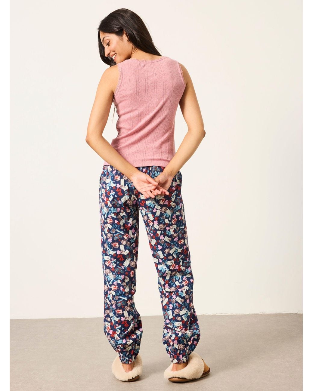 FatFace Blue V & A Harper Tea Party Cuffed Pyjama Bottoms