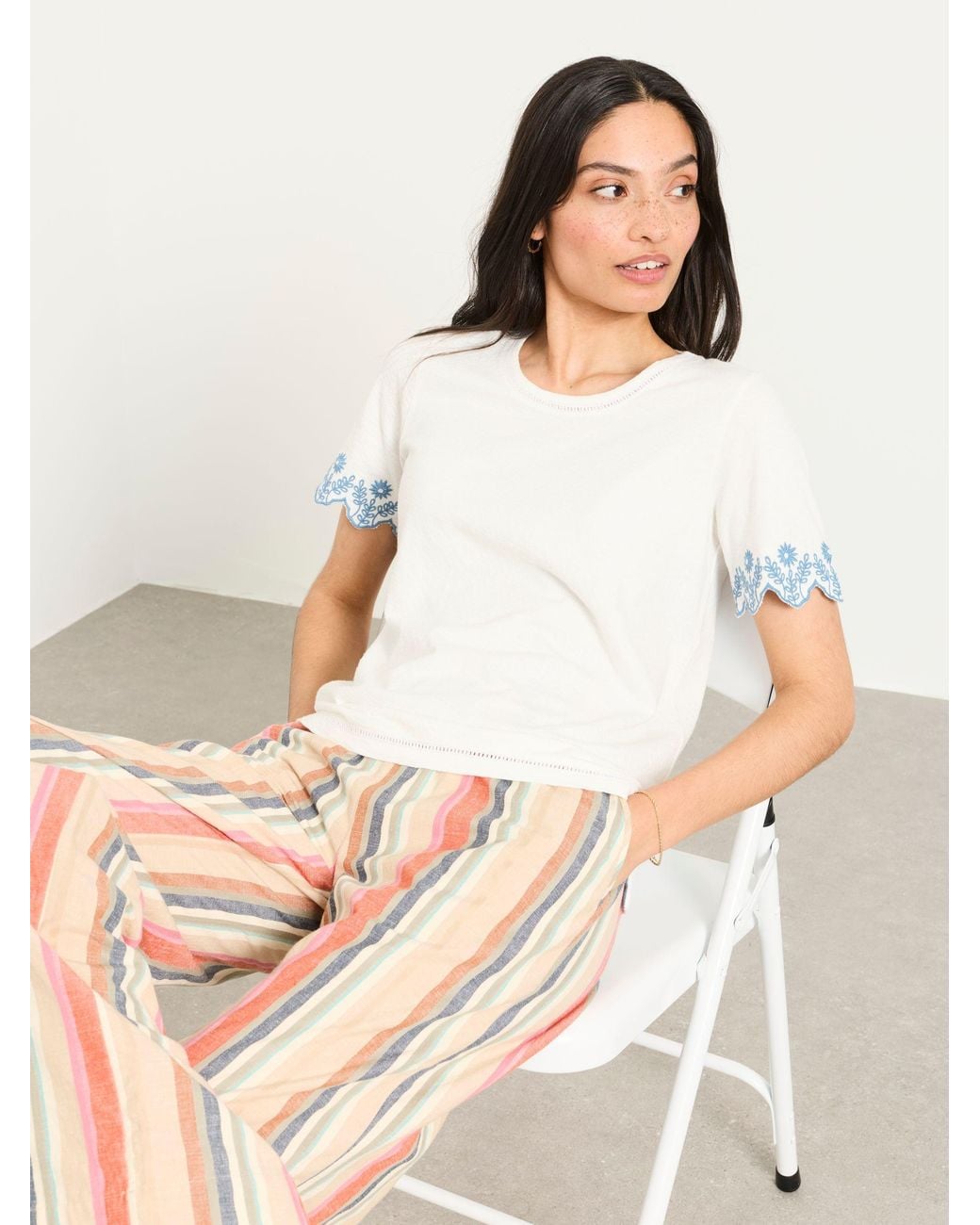 FatFace White Natalie Embroidered Sleeve T Shirt