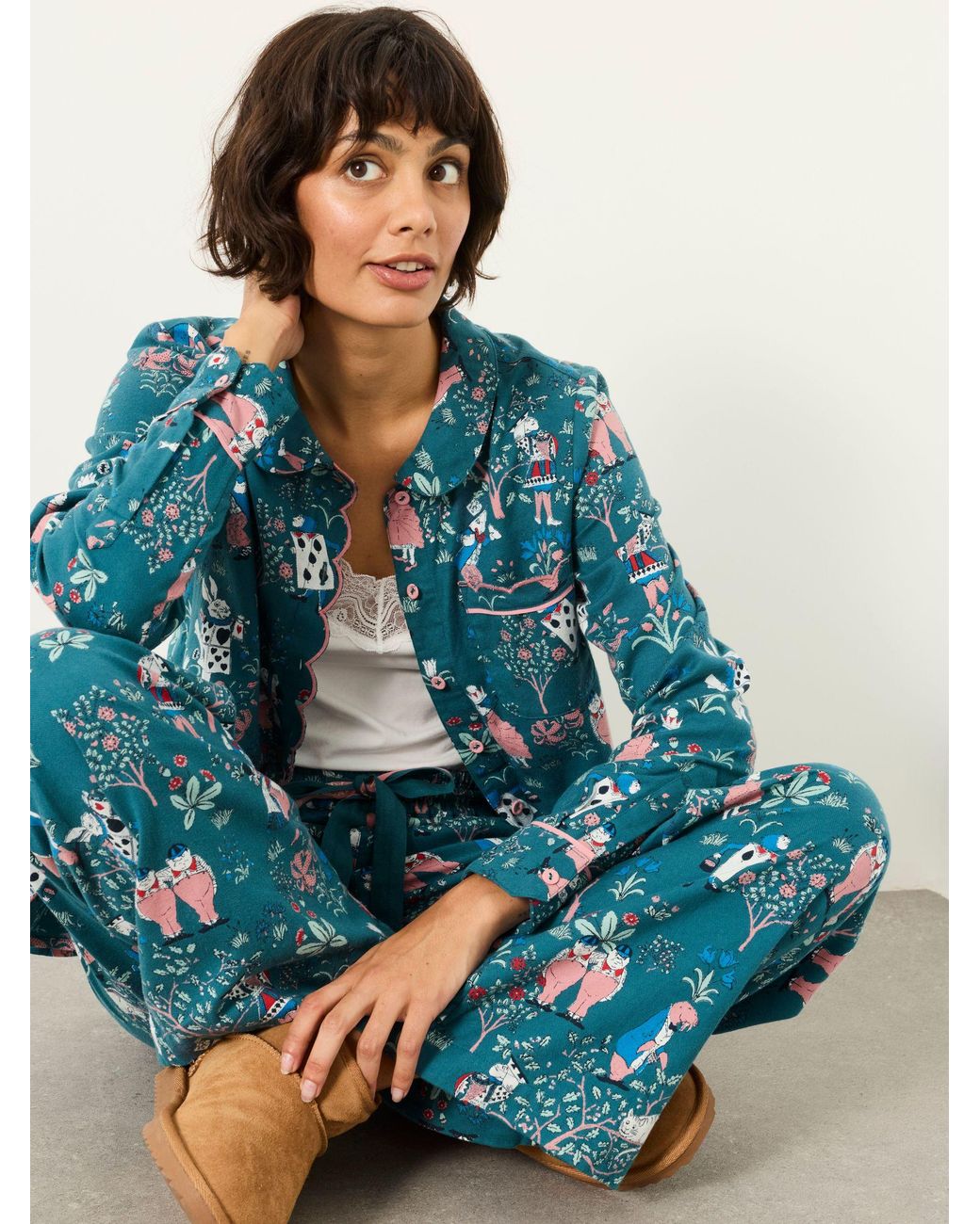 FatFace Blue V & A Scalloped Magic Garden Trouser And Shirt Pyjama Set