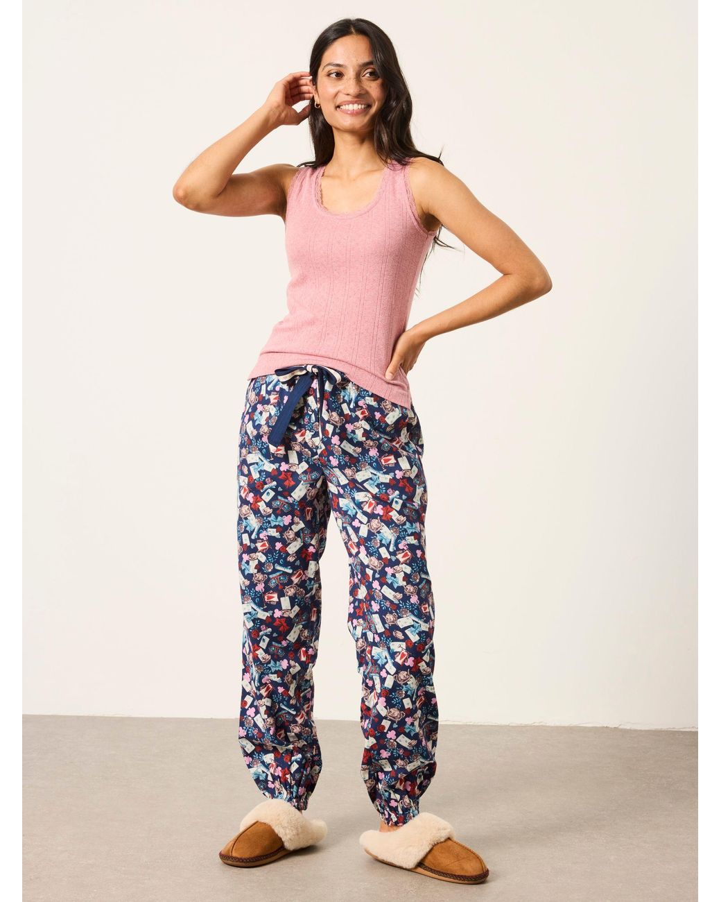 FatFace Blue V & A Harper Tea Party Cuffed Pyjama Bottoms