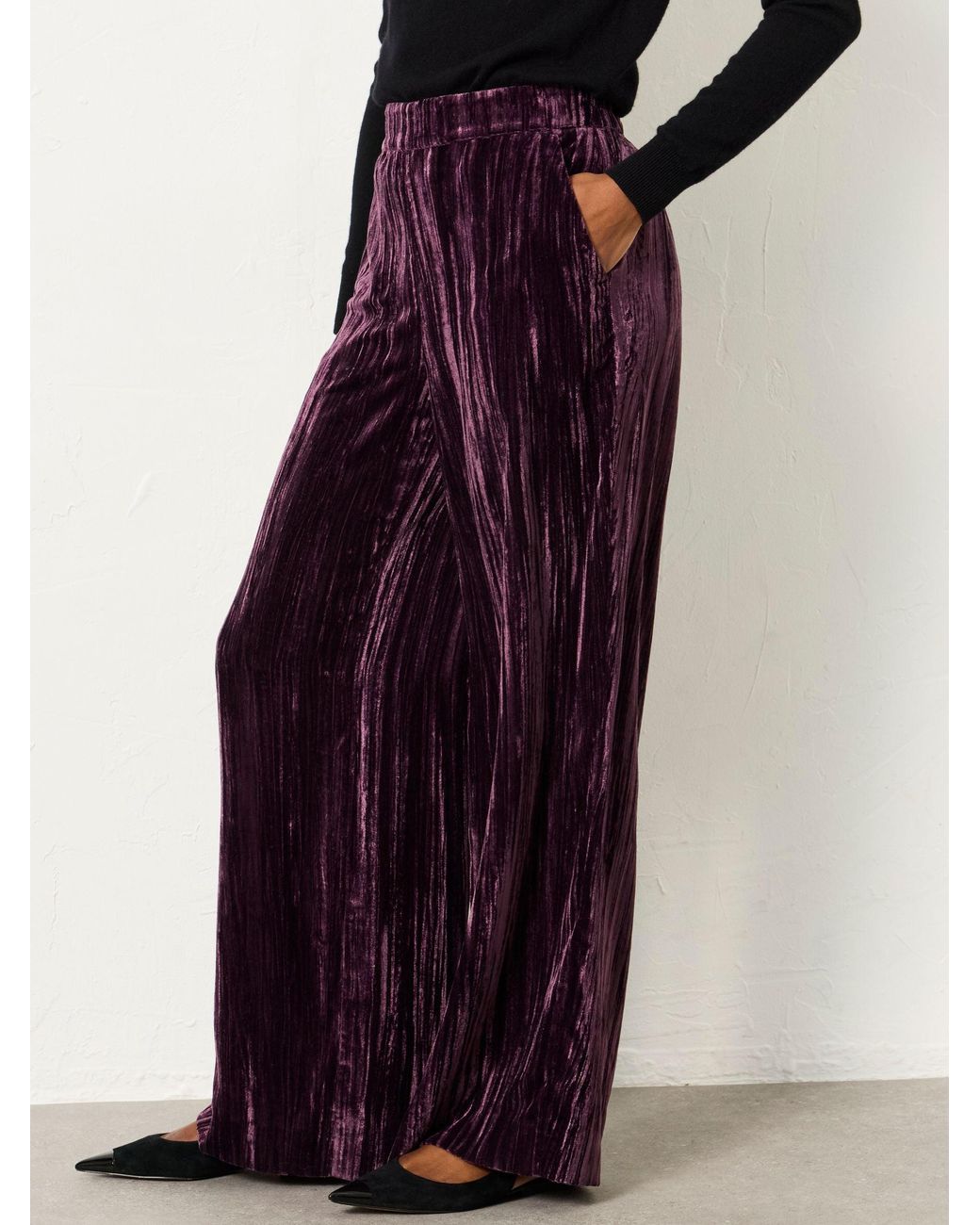 FatFace Purple Hetty Wide Leg Crinkle Velvet Trousers