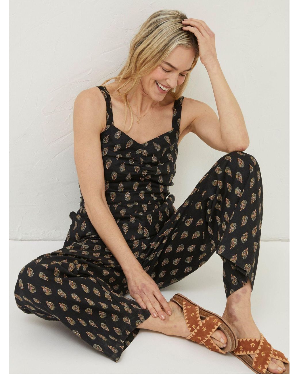 FatFace Black Linen Vic Woodblock Jumpsuit
