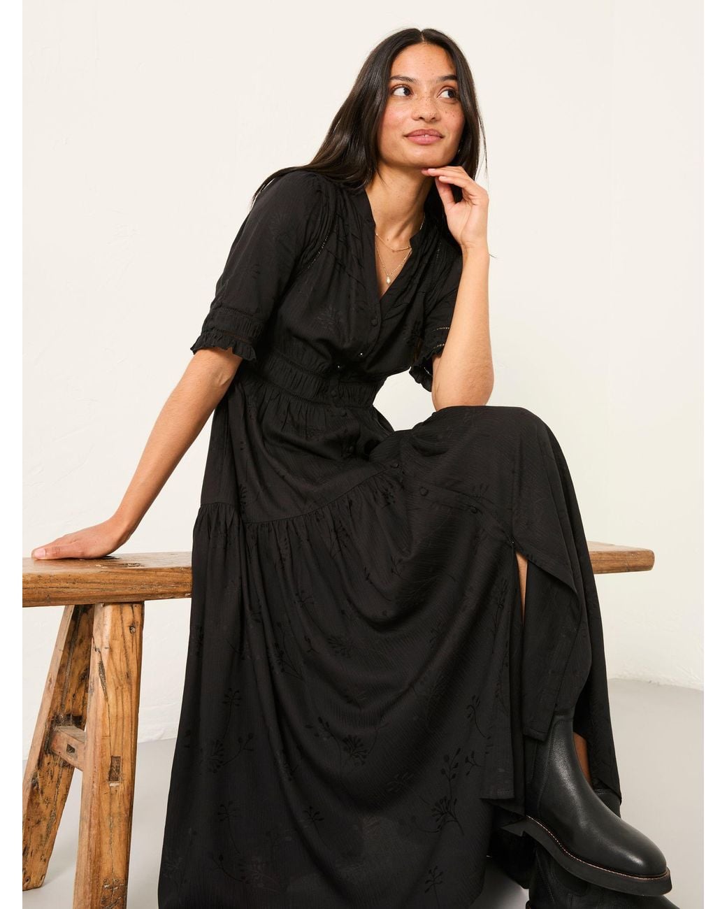 FatFace Black Elsie Regular Embroidered Midi Dress