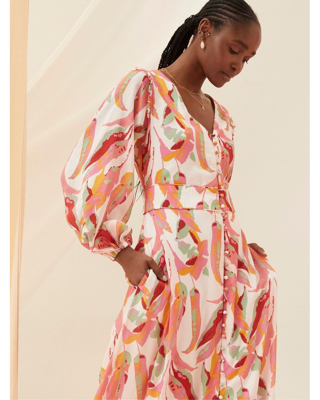 FatFace Pink Peony Painted Leaves Maxi Dress