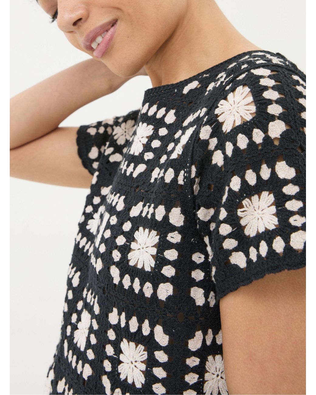FatFace White Mono Crochet Patchwork T-Shirt