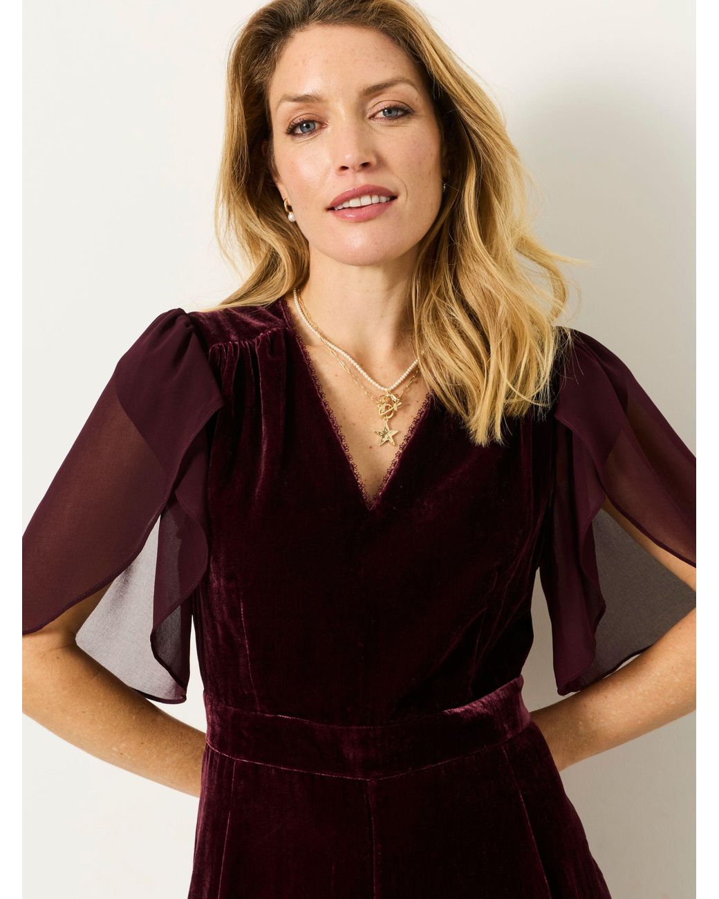 FatFace Red Fatface Wine Petite Opal Velvet Jumpsuit