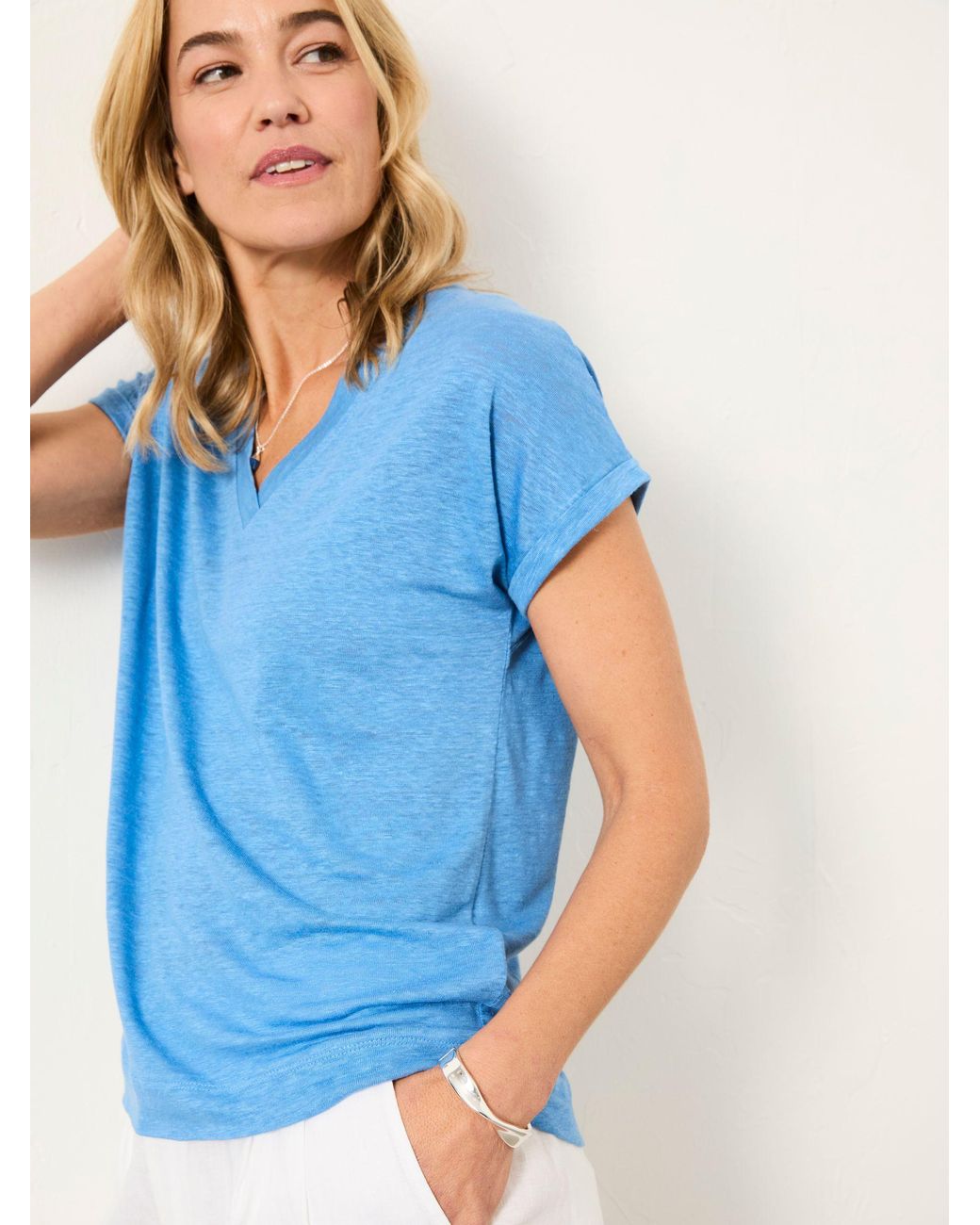 FatFace Blue Lauren 100% Linen V Neck T Shirt
