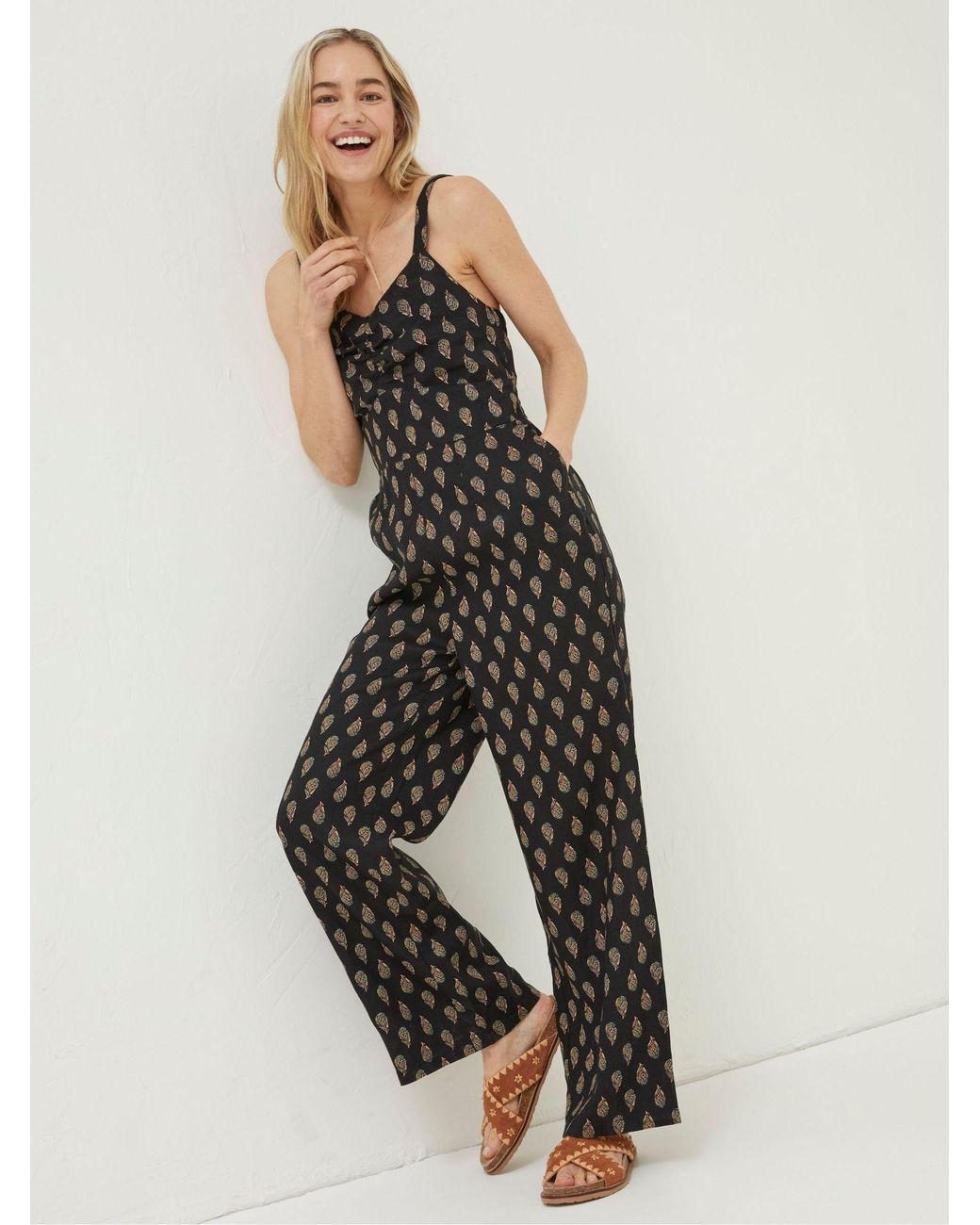 FatFace Black Linen Vic Woodblock Jumpsuit