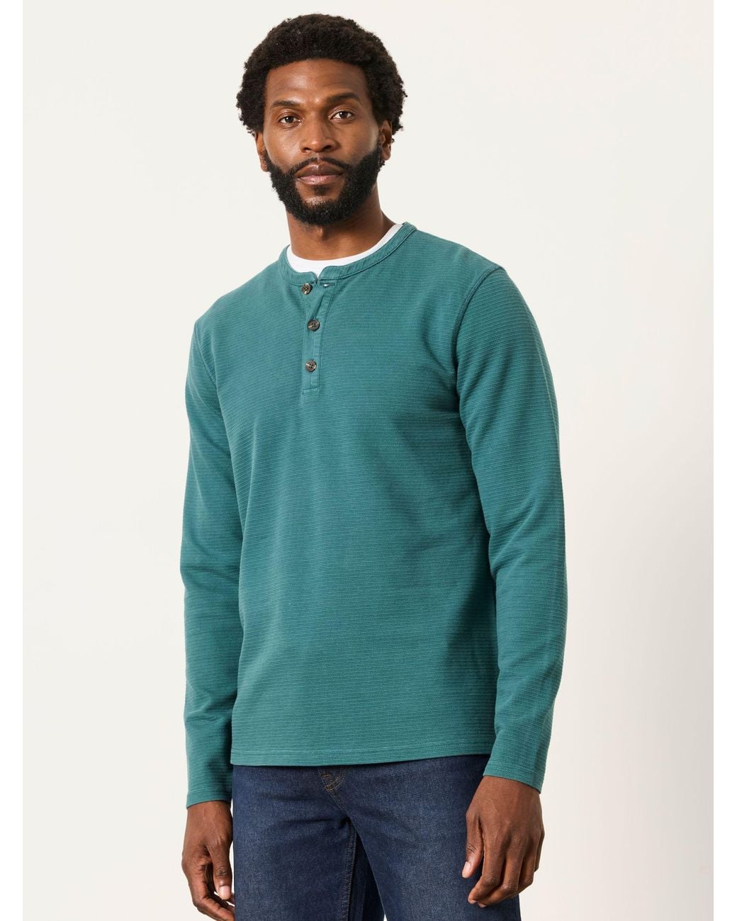 FatFace Green Henley Long Sleeve Textured T-Shirt for men
