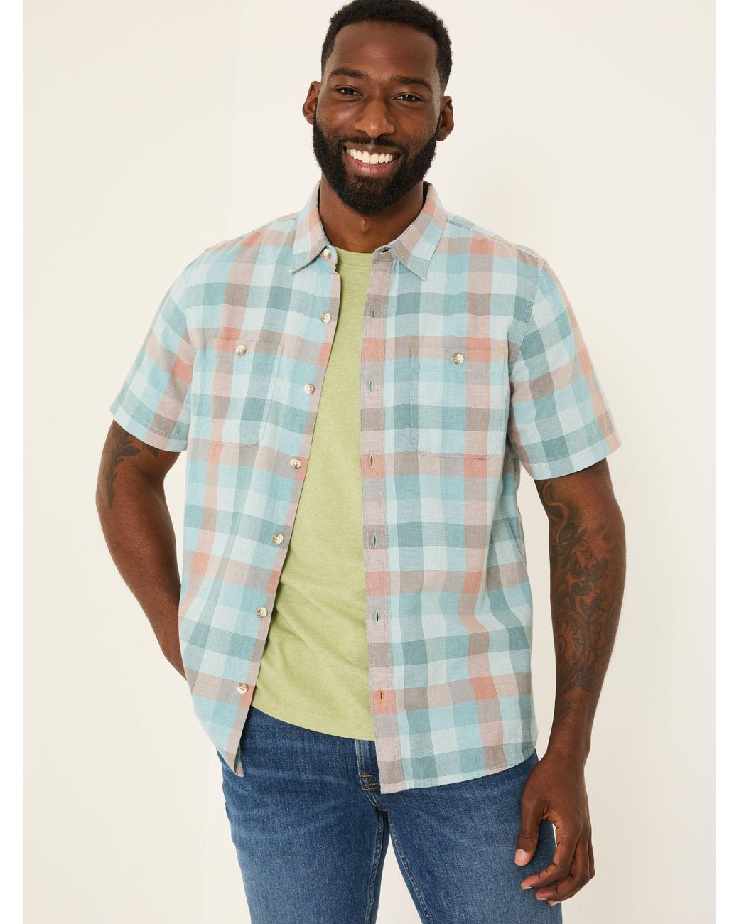 FatFace Blue Short Sleeve Port Check Shirt for men