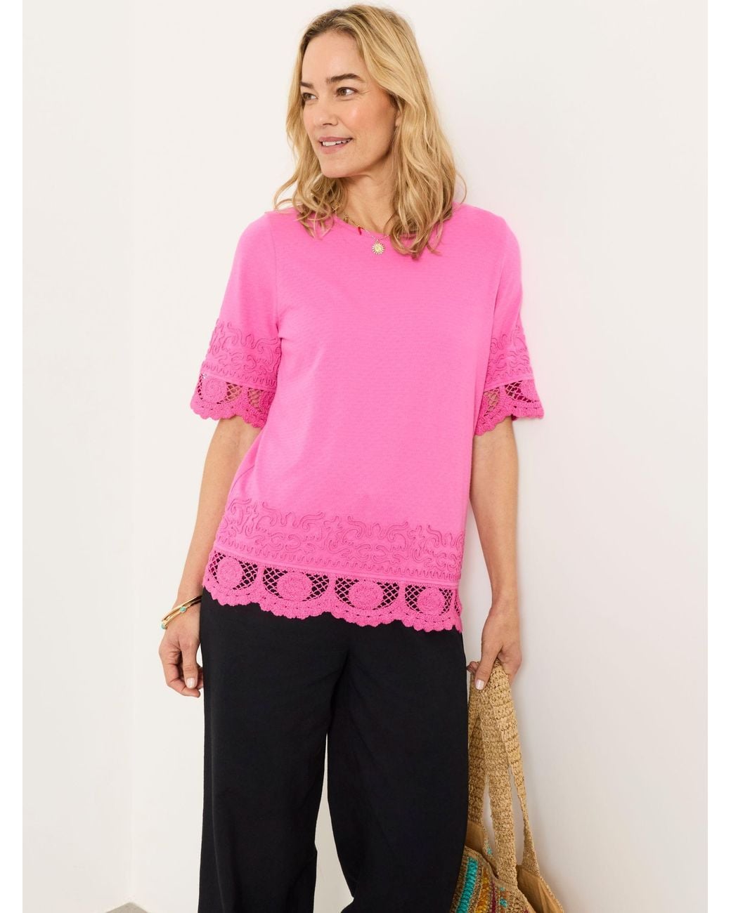 FatFace Pink Chloe Crochet Detail T-Shirt